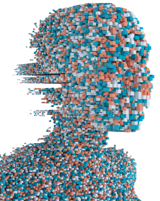 Symbolic image of an AI in human form that is composed of the data context and is ready to take over the user's tasks, in the manner of an artificial employee.